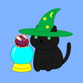 A black cat wearing a green wizard hat looking at a crystal ball with Eggbug perched on top